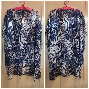 New With Tags- CHICOS -Blue and White Sheer Animal Print Silk Poncho, Size S/M